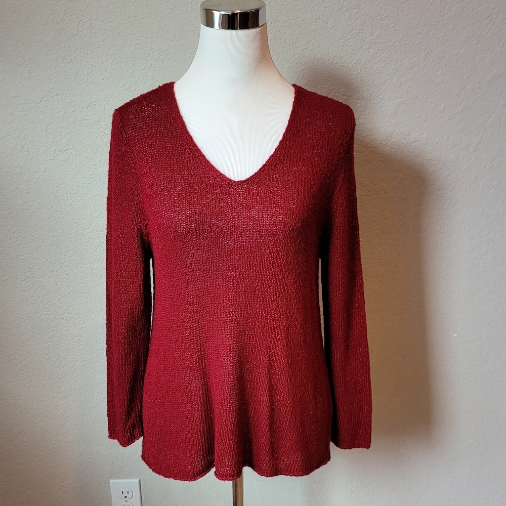 Eileen Fisher Dark Red Italian Knit Vneck Sweater
